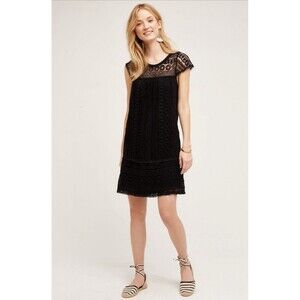 Anthropologie Maeve SMALL Crochet Tunic Dress Cap‎ Sleeve Cotton Black Lined